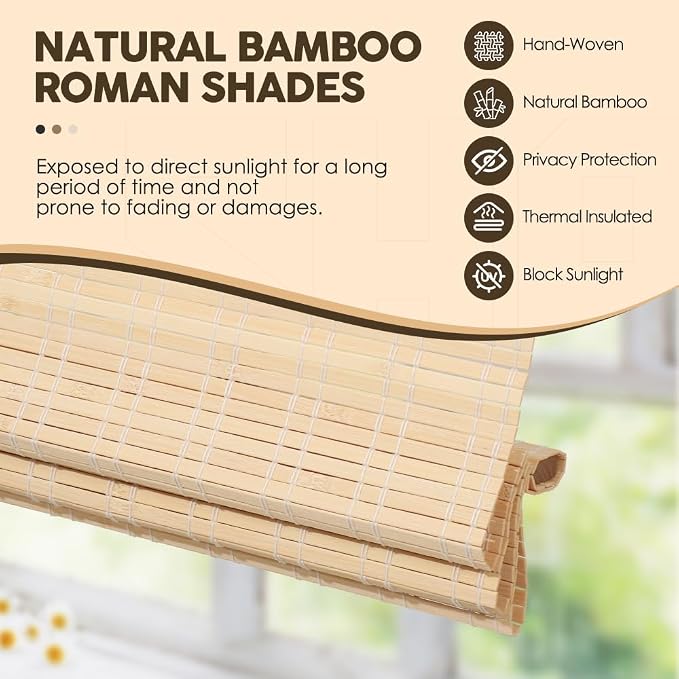 Cordless Bamboo Roman Shades, Light Filtering Bamboo Shades Blinds Window Treatment Roll Up Blind for Windows, 32" W x 64" H, Beige