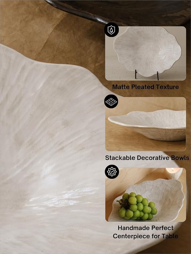WENSHUO Stoneware Fruit Bowl for Kitchen Counter,Large Decorative Bowls for Home Decor,Handmade Perfect Centerpiece for Table, Island,or Counter,Veil Grey Color Reactive Glaze 13.5" L × 10" W