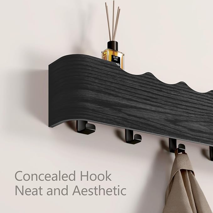 Wall Mounted Coat Rack with Shelf, Wooden Entryway Organizer with Hidden Metal Hooks for Hanging Coats Bags Keys, Modern Floating Shelf for Hallway Bathroom