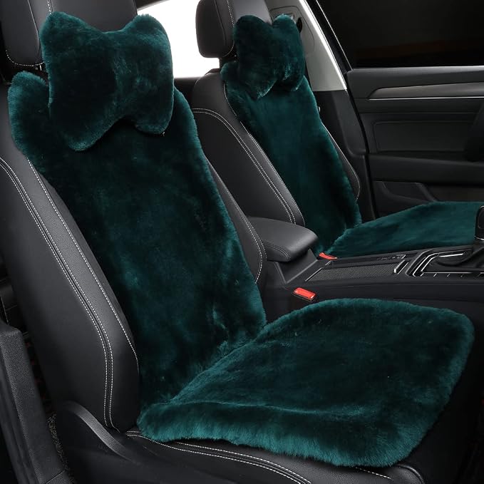OGLAND Fluffy Fuzzy Fur Sheepskin Universal Car Seat Covers for Auto Cozy Seat Cushion Auto Accessories, 1 Front Seat (3 Pack Front, Alpine Green)