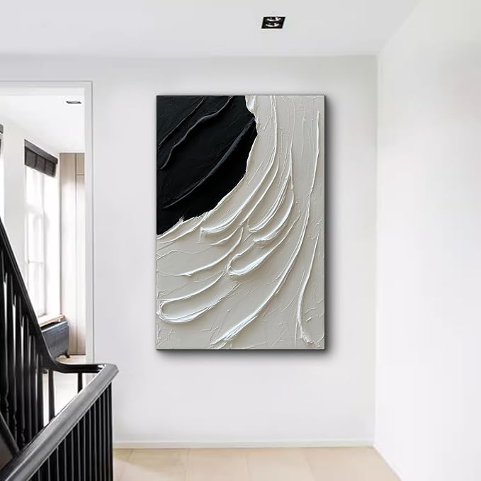 Creespi Large Hand Painted Black and White Thick Textured Wall Art 30x45 inch,Modern Minimalist Abstract Oil Painting On Canvas for Wall Decoration
