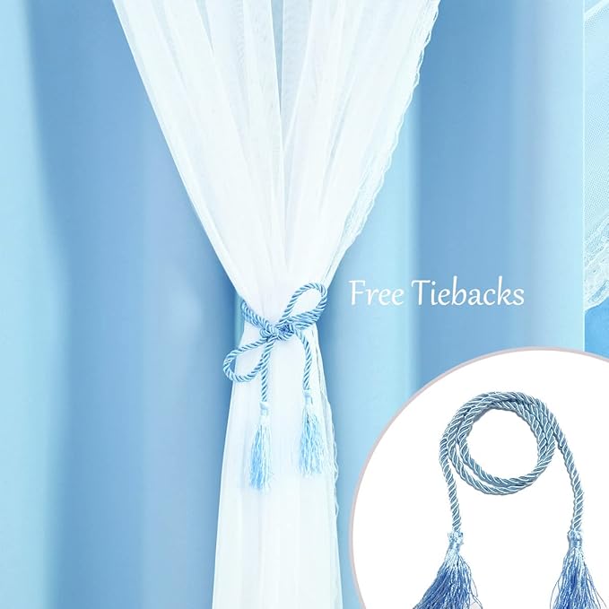 Short Blue Blackout Curtains 63 Inch Length with Sheer - Double Layered Light Blue Grommet Window Treatment for Kids/Children's Boys Bedroom Living Room Nursery, Baby Blue, 2 PCs