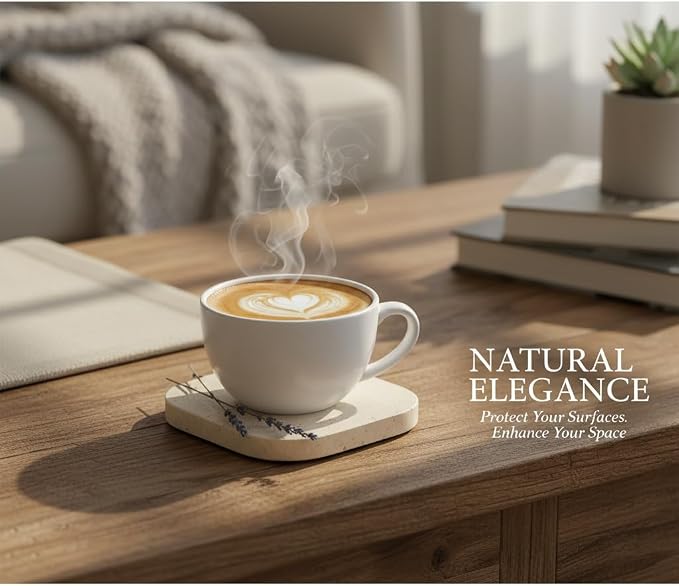 Natural Travertine Marble Coasters Set of 4-4" Square Stone Drink Coasters, Non-Slip Cork Backing, Housewarming Gift, Wedding, Protect Tables from Stains & Scratches (Rounded Square)
