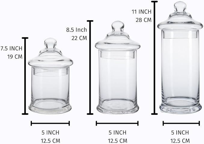 Glass Apothecary Jars with Lids, Set of 3 - Bathroom Storage Organizer for Qtips, Cotton Balls, Bath Salts, Candy, Kitchen & Home Decor (11", 8.5", 7.5" Heights)