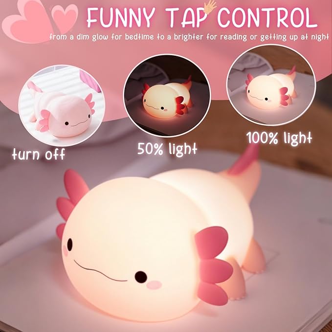 YR YRHH-PET Axolotl Cute Night Light, Kids Squishy Rechargeable Axolotl Lamp, Mom Mothers Day Gifts, Girl Bedside Animal Nightlight, Dimmable Silicone LED Toy Pink Light, Baby Nursery Kawaii Décor