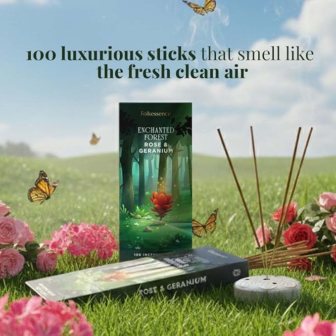 Folkulture Incense Sticks with Holder (100 Sticks)| Rose & Geranium Incents Stick for Aromatherapy, Relaxation | No Charcoal,Organic,Non Toxic, 45 Mins, Slow Burning Insence-Sticks - Forest Inspired