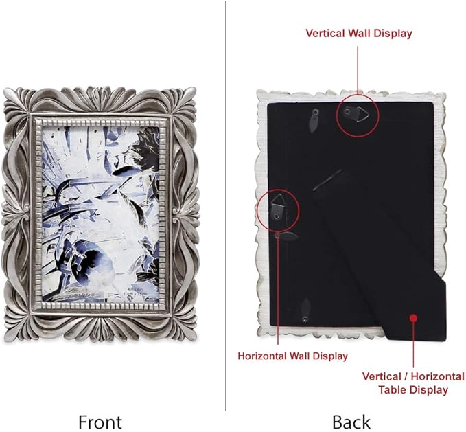 Isaac Jacobs 4x6 Silver Wave Textured Hand-Crafted Resin Picture Frame with Easel & Hook for Tabletop & Wall Display, Decorative Swirl Design Home Décor, Photo Gallery, Art, More (4x6, Silver)