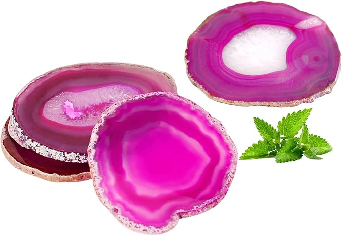 AMOYSTONE Pink Agate Coaster Crystal Quartz Coasters for Drinks Rock Stone Bar Coaster Geode Slices Set of 4 with Rubber Bumpers 3.5-4"