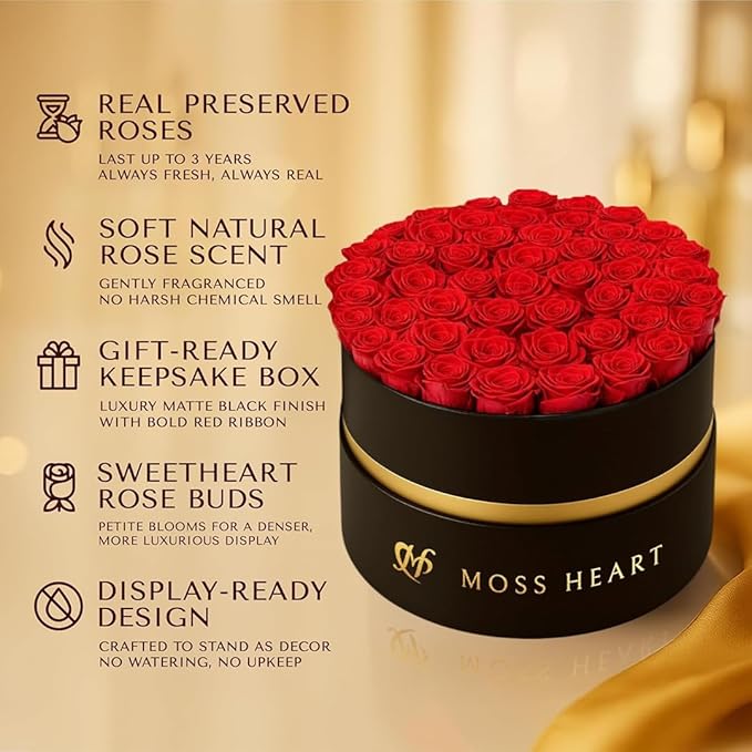 50 Petite Preserved Roses, Designer Round Box, Real Forever Roses Last 1+ Year, Premium Gift for Women, Wife, Girlfriend, Mother’s Day, Birthday, Anniversary, Valentine’s Day