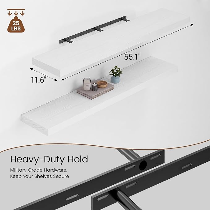 Heimlove 12inch Deep Floating Shelves for Wall, Mounted Shelves 55" W x 12" D x 1.5" H, wall Shelf for Bedroom Living Room Bathroom Kitchen Home Office, Set of 1, White