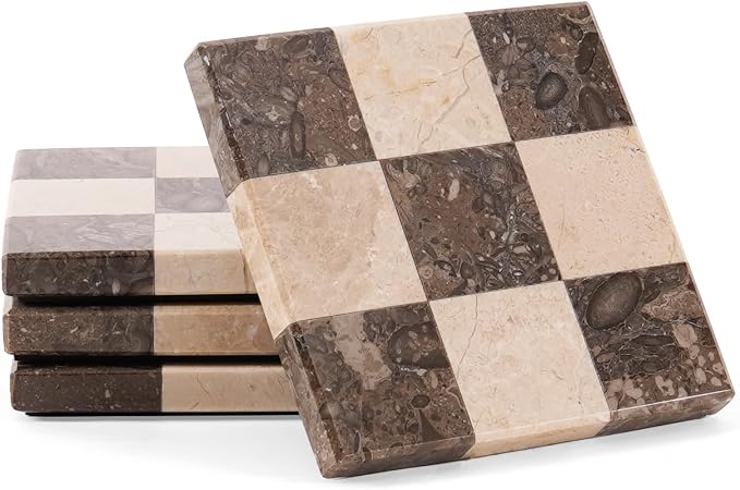 Marble Coasters Set of 4, Oceanic & Verona Handmade 4 inch Square Stone Coaster, Decorative Checkered Cup Coaster for Coffee Table, Housewarming Gift & Luxury Kitchen Accessories