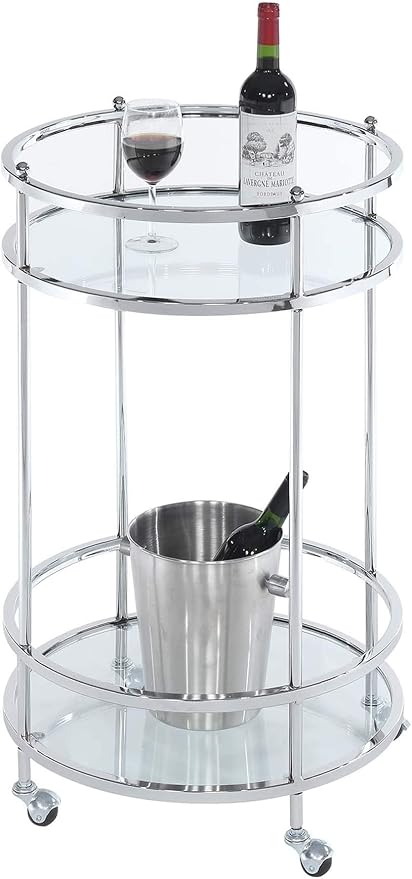 Convenience Concepts Royal Crest Bar Cart With Wheels, Clear Glass / Chrome Frame