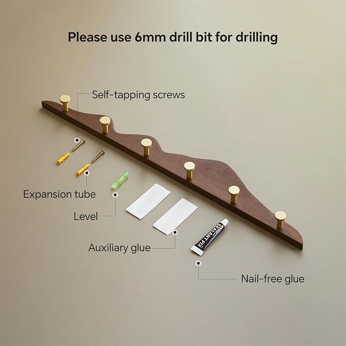 Elegant Wall Coat Rack with Hooks Walnut Wood Solid Coat Hanger Wall Mount with 6 Brass Hooks, Moisture-Resistant Wax Oil Finish for Home (Walnut, 6 Hooks)