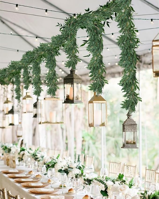 RECUTMS Artificial Willow Leaves Vine Twigs 2Pcs 6Ft Fake Hanging Plant Silk Willows Leaf Ivy Garland Faux Italian Ruscus Greenery Indoor Outdoor Wedding Arch Jungle Beach Birthday Party Garden Decor
