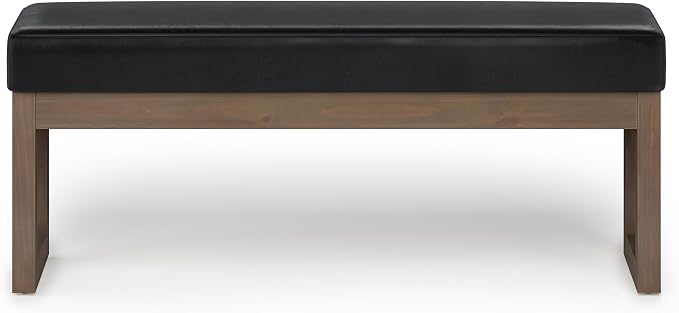 SIMPLIHOME Milltown Large Ottoman Bench - 44 inch Wide Upholstered Vegan Leather Rectangle Footstool Ottoman in Midnight Black, Contemporary Bench for Bedroom with Cushioned Seat, Assembled