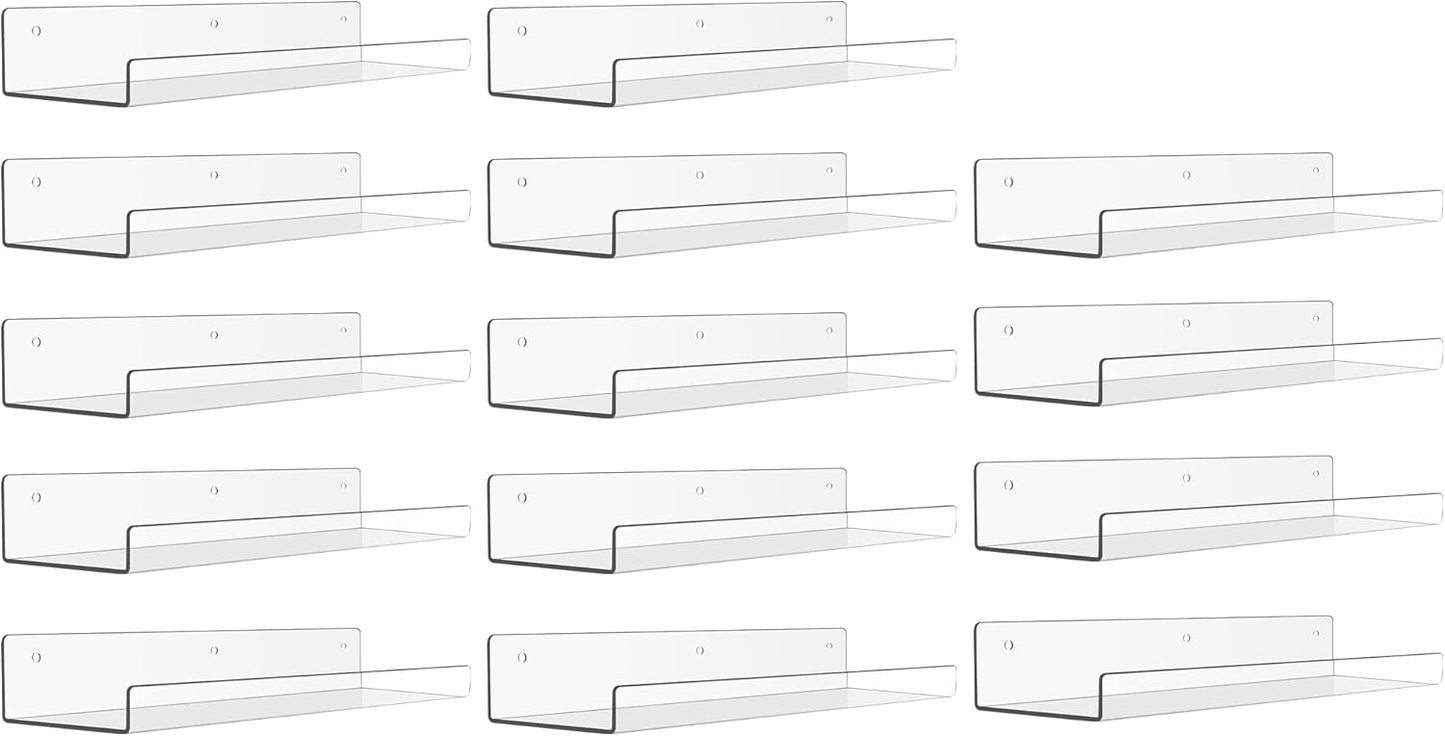 upsimples 14 Pack Acrylic Shelves Wall Organizer and Storage, 15" Display Shelf for Figure, Toy Cars, Perfume, Kids Bookshelf for Bedroom, Nursery, Craft Room, Clear