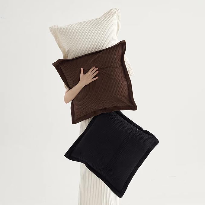 COCO TOP Classic Vintage Decorative Corduroy Large Throw Pillow Covers 24x24inch, Set of 3 Striped Big Pillow Cases for Sofa Couch Bedroom Living Room,Soft Cushions（Dark Brown, Black & White）