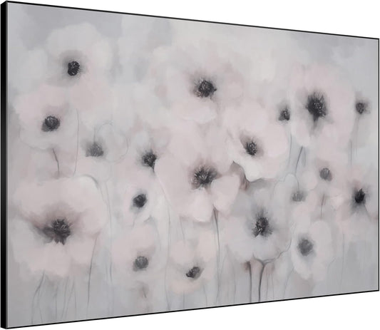 46"x60" Extra Large Framed Wall Art Soft White Poppies Watercolor Floral, Delicate Botanical for Home Living Room Bedroom Decor (Frame Assembly Required)