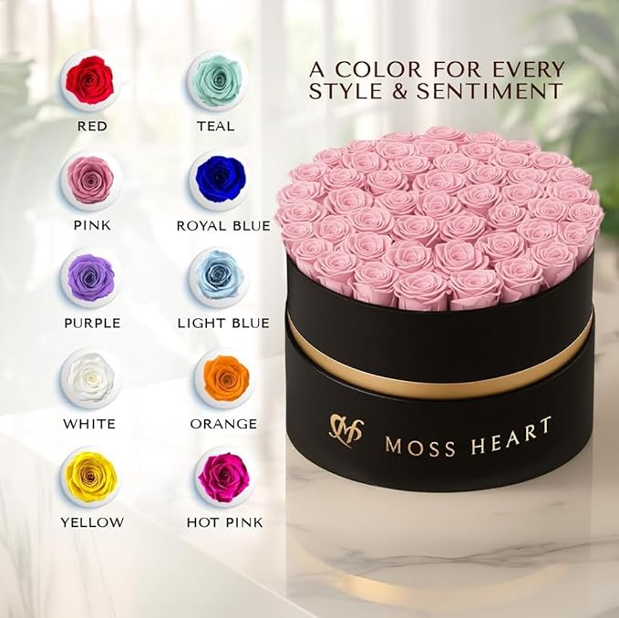 50 Petite Preserved Roses, Designer Round Box, Real Forever Roses Last 1+ Year, Premium Gift for Women, Wife, Girlfriend, Mother’s Day, Birthday, Anniversary, Valentine’s Day