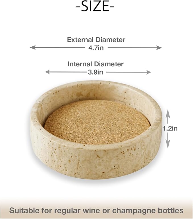 100% Travertine Wine Coaster- Marble Wine Bottle Chilled Coaster - Absorbent Cork Holder Tray- Gift for Wine Lover