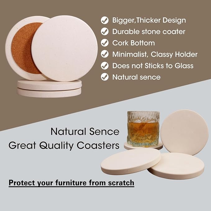 CASACOUTURE- Absorbent Stone Coasters Set of 4 - Round 4" Diameter Cream White Marble Drink Coasters for Housewarming Gift,Genuine Natural Semi