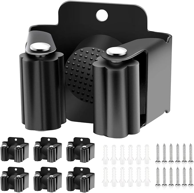 Verdenu 6 Pack Broom Holder, Stainless Steel Command Broom Holder with Screws, Garden Tool Rack for Kitchen, Home, Bathroom, Garage Storage, Black