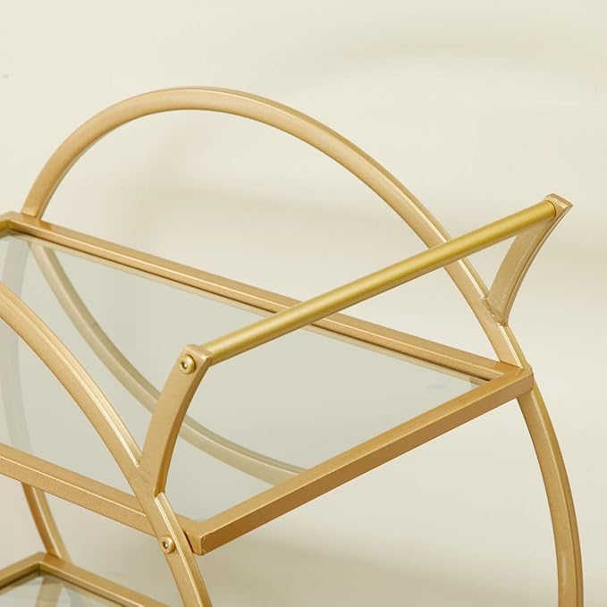 Bar Cart with 2 Mirrored Shelves, Modern Metal Bar Serving Cart, Gold Round Bar Carts for The Home/Kitchen/Club/Living Room, Rolling Wheeled Design (28.34''14.96''30.7'')