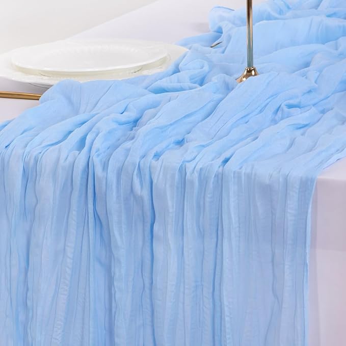Socomi 10pcs Blue Valentine's Day Cheesecloth Table Runner Light Blue Boho Rustic Gauze 120 inch 10FT Cheese Cloth Runner for Wedding Party Baby Shower Birthday Home Decor Holiday Decorations