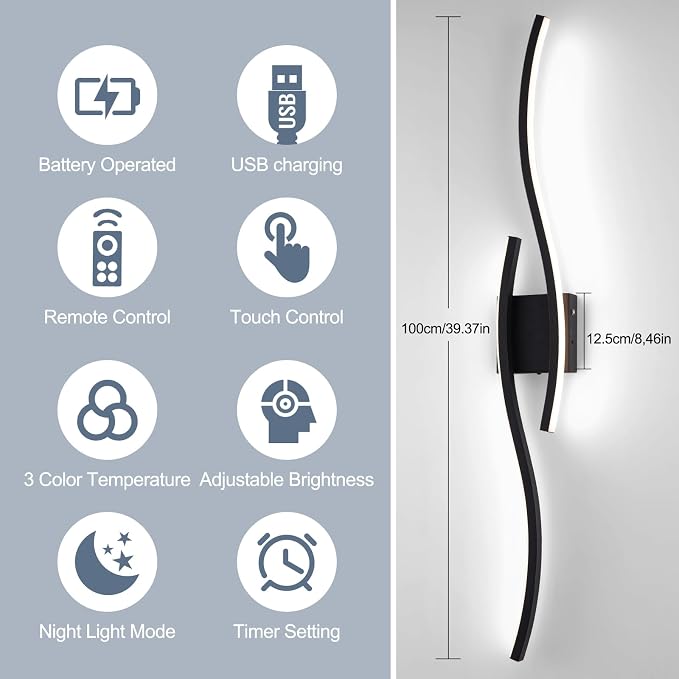 Modern LED Wall Sconce Set of Two, Dimmable Battery Powered Wall Sconces, 3000K-6500K Wireless Wall Light, Rechargeable Wall Lamp Indoor not Hardwired for Room Bedroom Corridor, 39.3in(Black)