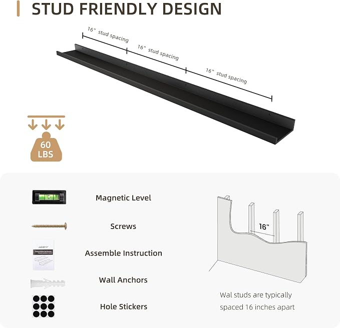 Acovy Picture Ledge Shelf, Wood Long Floating, Set of 2, 56 inch, Black | Wall Mounted, For Living Room Kids' Room Bedroom, Photo Ledge Nursery Book Shelves