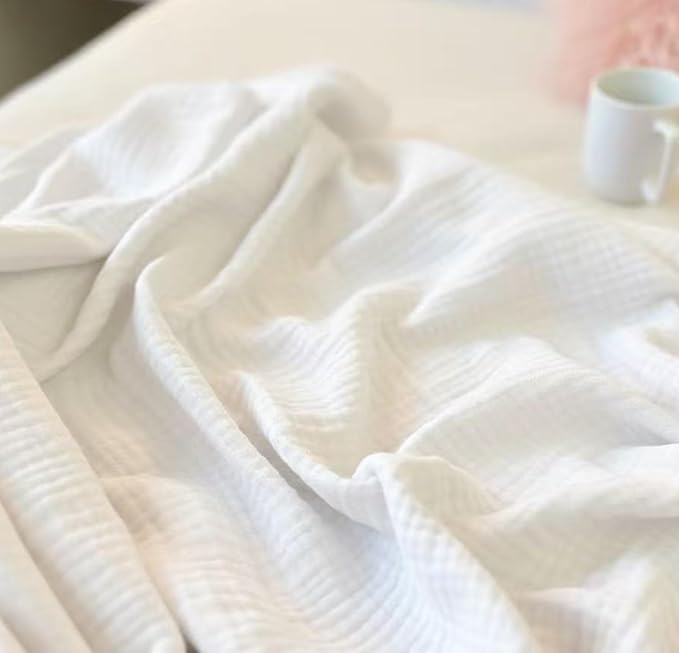 KyraHome 100% Cotton Throw Blanket 60"x80" Large Muslin Blankets for Adults, Couch, Picnic, Travel, Plant Dyed Pre-Washed Breathable Lightweight Soft Summer Blanket, All Season, White