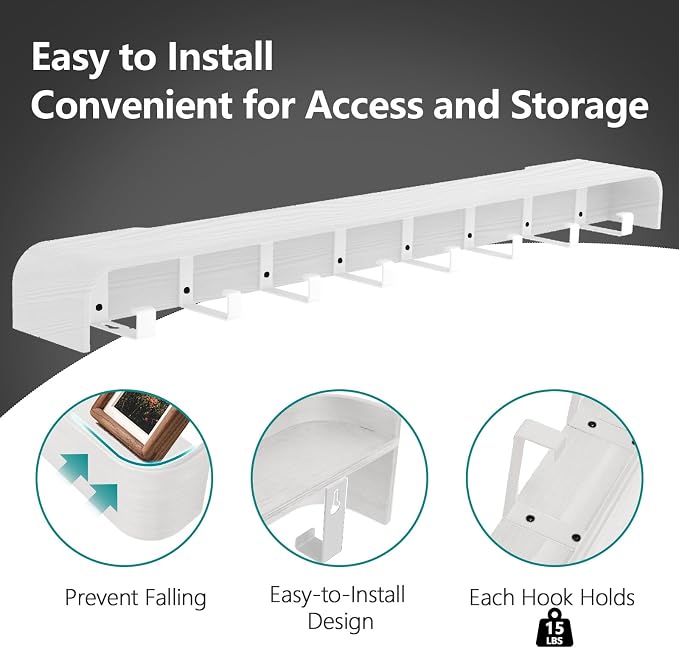 Coat Rack Wall Mount with Shelf 8 Hidden Hooks Modern Wooden Key Holder Entryway Organizer for Hallway Bedroom Bathroom Home Decor Storage for Hanging Coats Hats Bags Towels, White