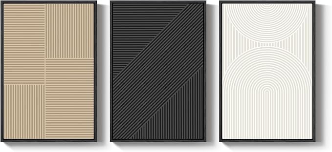 Framed Boho Black and White Abstract Wall Art, Set of 3 Piece Large Modern Neutral Minimalist Canvas Paintings Wall Decor Art Prints Pictures for Living Room, Bathroom, Dining, Office 16x24 Inch