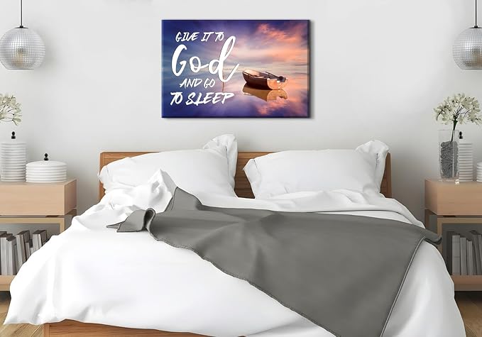 Give it to God and Go to Sleep Canvas Wall Art Christian Quotes Wall Decor Beach Themed Religious Pictures Prints Artwork Bedroom Kitchen Painting Christian Bible Verse Artwork Home Decorations 24x36"
