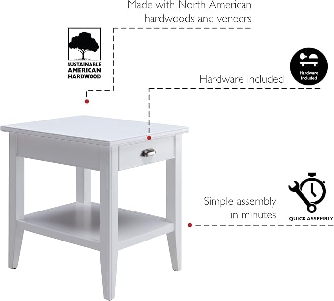 Leick Home Laurent 20 in. Solid Wood End Table with Shelf and Drawer, White, 10507-WT