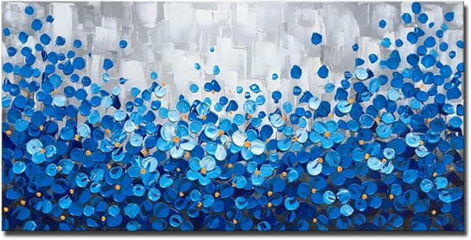 Blue Flower Canvas Wall Art 40x20 inch - Hand Painted Textured Oil Painting, Modern Framed Home Decor, Ready to Hang for Living Room, Bedroom, Office