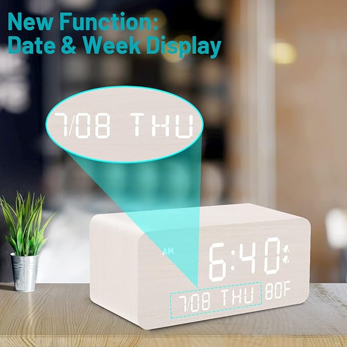 Andoolex Wooden Digital Alarm Clock with Wireless Charging, 0-100% Adjustable Brightness Dimmer and Alarm Volume, Weekday/Weekend Mode, Dual Alarm, Snooze, 12/24H, Wood LED Clock for Bedroom (White)