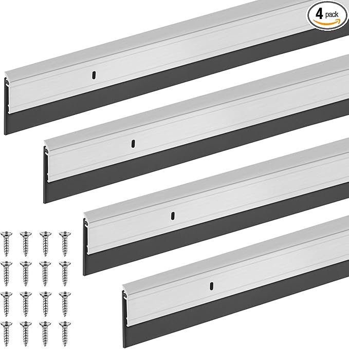 FoldTier 4 Pcs All-Season Door Sweep for Bottom of Door Exterior and Interior, Aluminum Alloy and Rubber, Commercial Weather Stripping Draft Stopper for Threshold Seal (1-3/4 x 32 Inch,Silver)