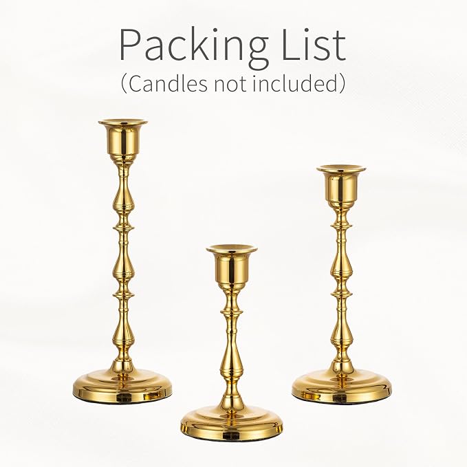 Gold Candlestick Holders Vintage: Brass Taper Candle Holders | for 0.87" Taper, Bottom with Felt Pad, Antique Decor for Dinning Table, Mantel, Wedding Centerpieces, Christmas, Party, 3 Pcs