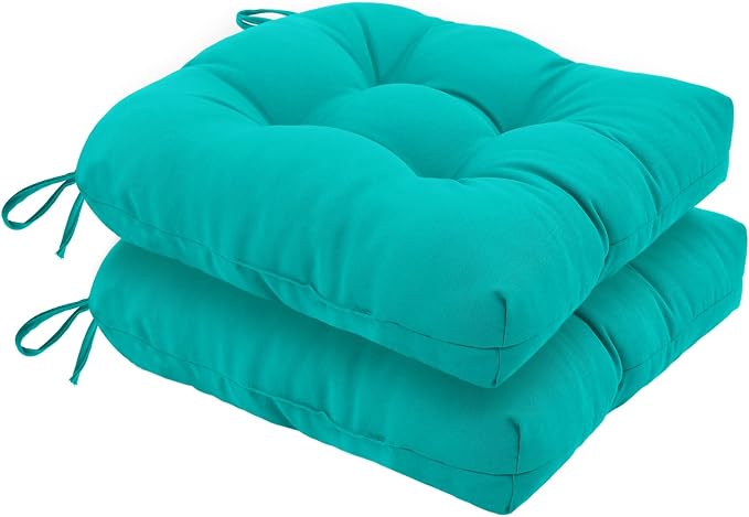 idee-home Outdoor Chair Cushions Set of 2, Patio Seat Cushions | Tufted Thick 17 x 17 x 5 Inch Cushions for Outdoor Furniture Waterproof with Ties, Dining Pads Dark Cerulean