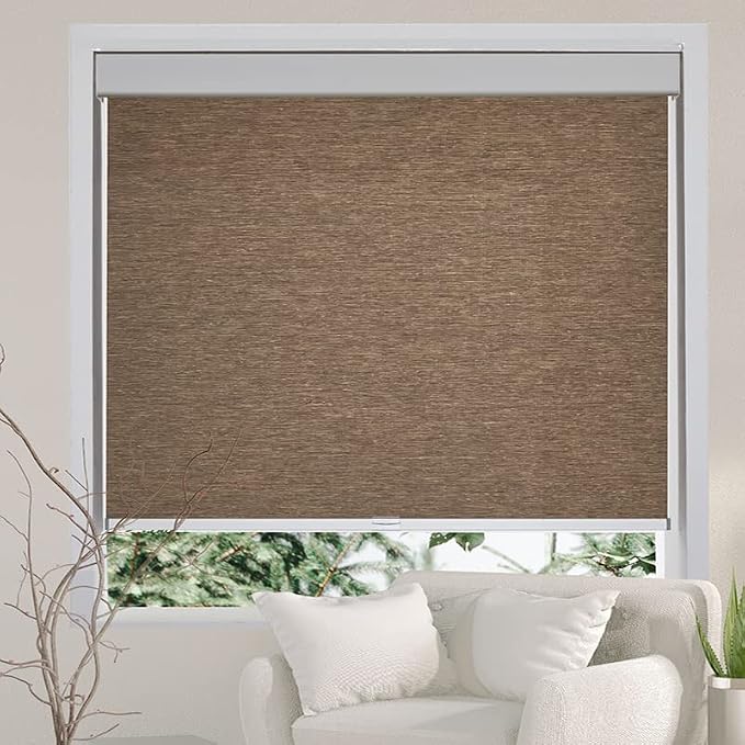 Persilux Cordless Roller Blinds - Light Filtering, Free-Stop, Thermal Insulation for Windows (Brown, 32" W x 72" H) Natural Woven Fabric Privacy Shades for Home, Office