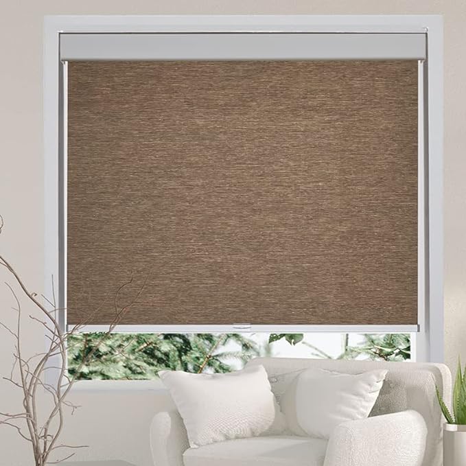 Persilux Light Filtering Roller Blinds for Window Blinds Cordless Free-Stop Roller Shades for Windows (Brown 33"W x 72"H) Natural Woven Fabric Thermal Insulation Privacy Window Shades for Home, Doors