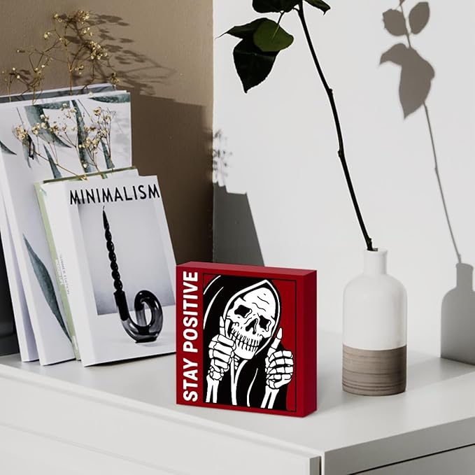 Gothic Skull Decor - Stay Positive Skulls Sign for Home Office Desk Accessories - 5 x 5 Inches (Red)