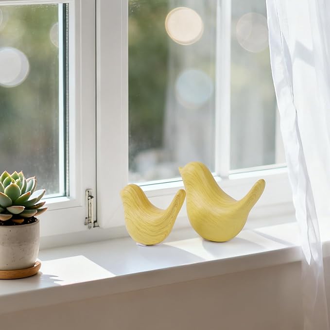 2 Pcs Ceramic Small Bird Figurines Modern Animal Statues for Home 、Room Decor and Bedroom Decor and Bookshelf Display (Light Wood Grain)