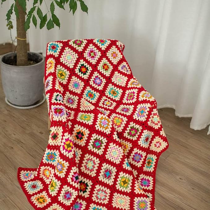 RISEON Handmade Granny Square Crochet Throw Blanket Sweater Style Mat, Crochet Quilt, Multicolor Boho Travel Accent Decor Throw for Sofa Comforter Couch Bed Recliner Living Room Bedroom (Red)