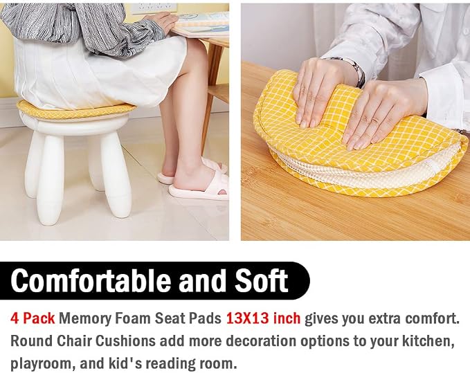 Round Stool Chair Cushions for Kitchen Dining Seat Pads with Ties 4 Pack Non Slip Cushions Pad for High Stool Chairs Bistro Bar Seat 13 Inch, Yellow Grim