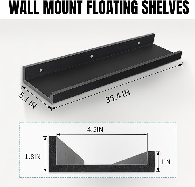 LaVie Home 35.4-Inch Black Floating Shelves for Wall Storage Set of 4 - Modern Minimalist Picture Ledge Shelf Wall Decor for Kitchen, Bedroom, Bathroom, and Living Room, Large Floating Shelves