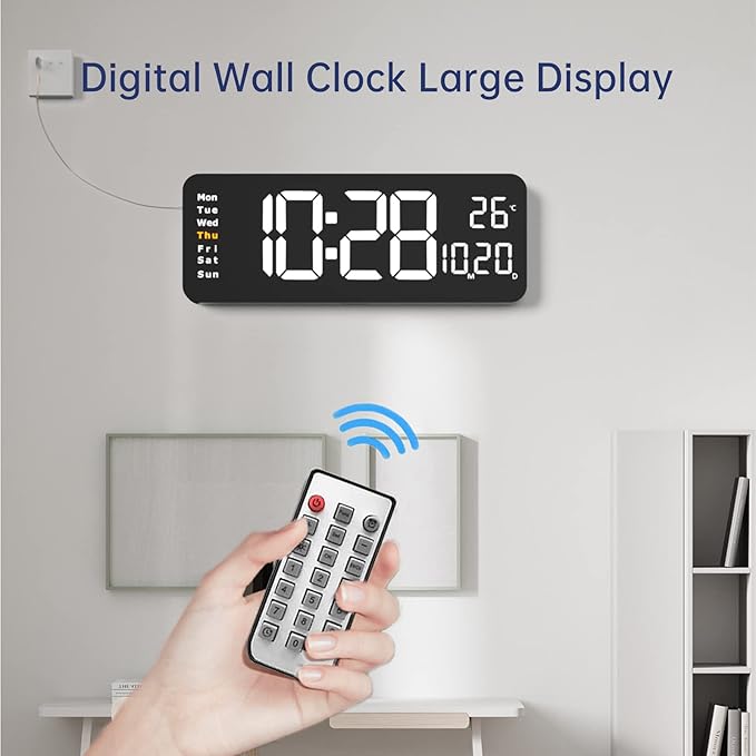 YISILE Digital Wall Clock Large Display, 16.2" Large Digital Wall Clock with LED Display Remote Control, Automatic Brightness Dimmer Big Clock with Date Week Temperature（White）