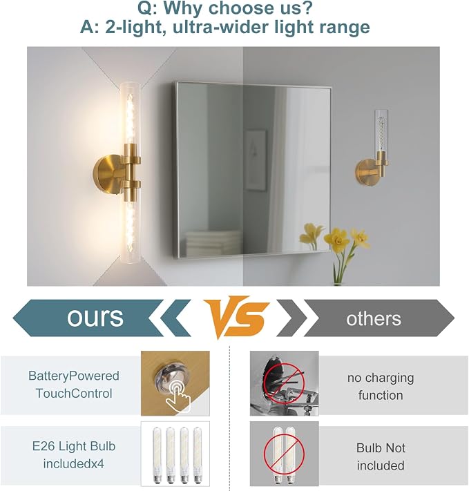 Battery Operated Wall Sconces, Wall Sconce Set of 2, 3000K-6500K Gold Rechargeable Wall Lamp with Remote, Indoor Non-Hardwired Wall Sconce, Modern Vanity Light for Bedroom, Living Room, Aisle