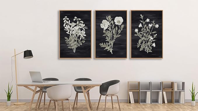 Large Botanical Wall Art for Living Room Natural Wood Float Framed Art Set of 3 White Flowers Pictures Artwork Green Leaf Canvas Prints for Bedroom Kitchen Home Office Wall Decor 20"X28"X3